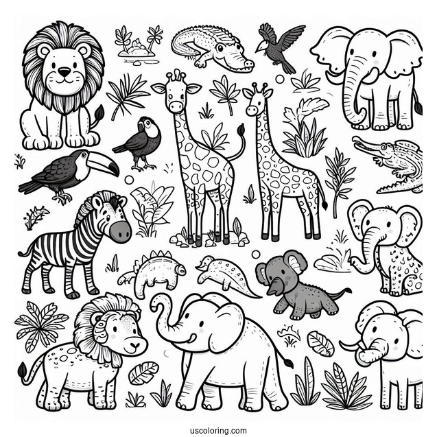 Jungle Coloring Page Of Cute Lion, Buffalo, Crocodile, Zebra, Toucan, Elephant, Giraffe, And Monkey