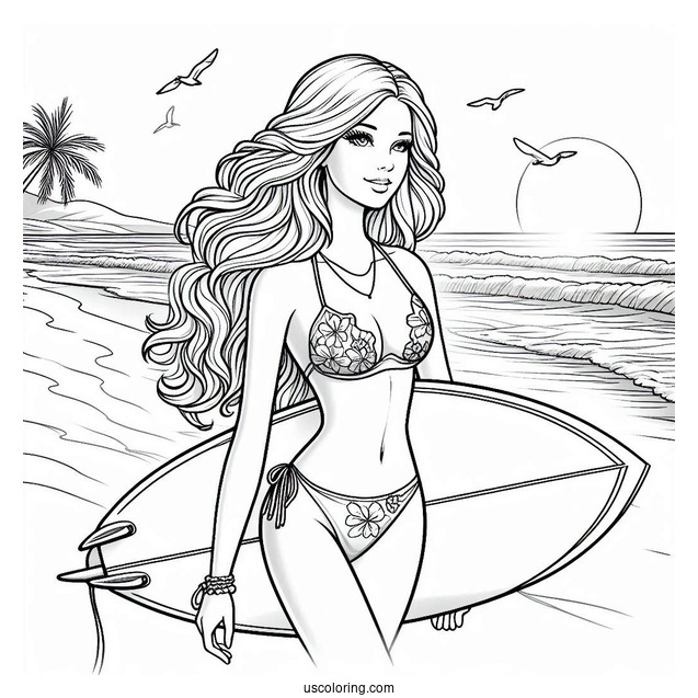Surfer Barbie At Beach To Color