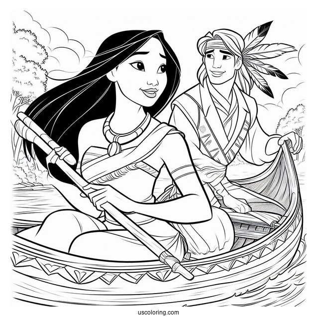 Coloring Sheet Of Mulan And Pocahontas On Canoe