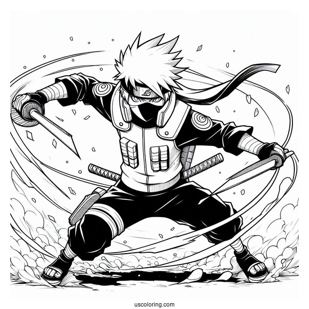 Kakashi Coloring Page Using Kunai And Chidori In Battle