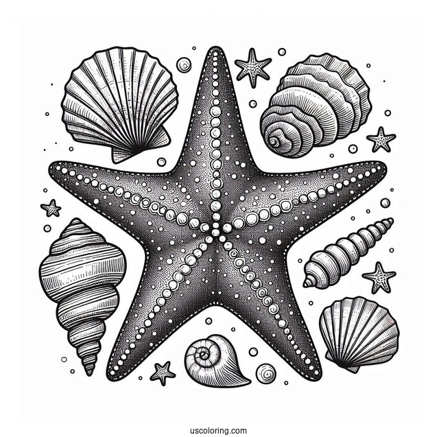 Textured Starfish Coloring Page With Seashells