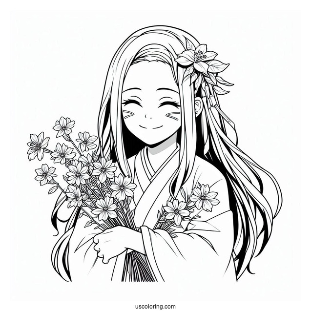 Nezuko Coloring Page Smiling And Holding Wildflowers