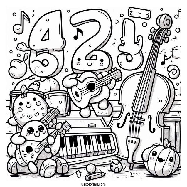 Numberblocks Coloring Page1, 2,3,4,5 Playing Musical Instruments