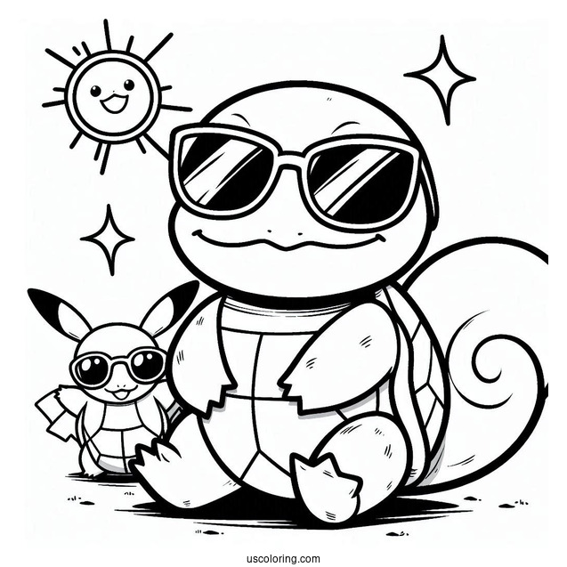 Squirtle Coloring Page With Pikachu Wearing Sunglasses