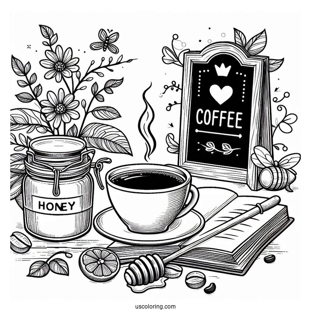 Coffee Coloring Pages Of Cup Next To Honey Jar, Signage, And Open Book