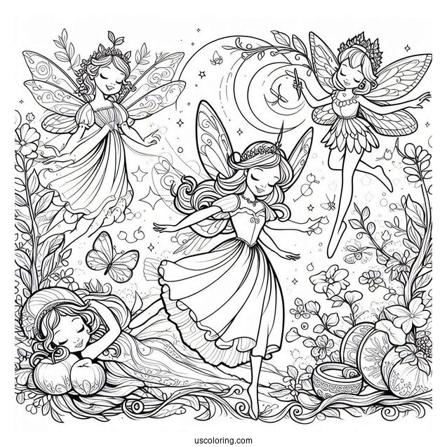 Flora, Fauna, and Merryweather Fairies Coloring Sheet