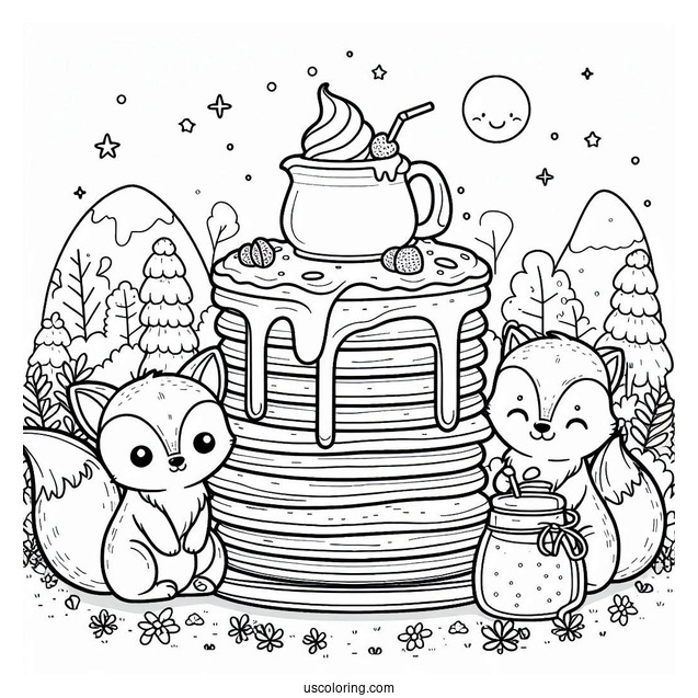 Easy Pancake Coloring Page Tower With Syrup And Tiny Foxes For Preschoolers