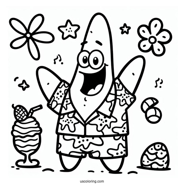 Cute Patrick Star Coloring Page In Hawaiian Shirt For Kids