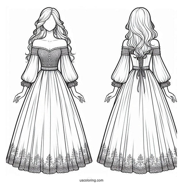 Off Shoulder Long Dress Coloring Page For Kids