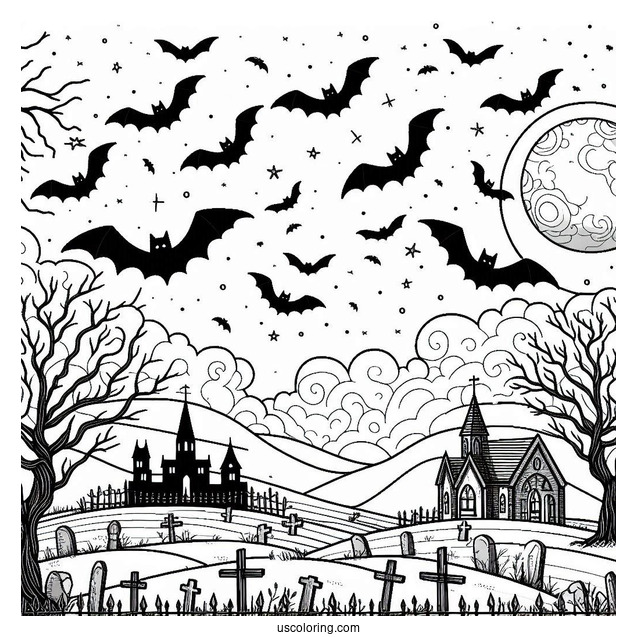 Halloween Graveyard With Bats Coloring Page In The Sky