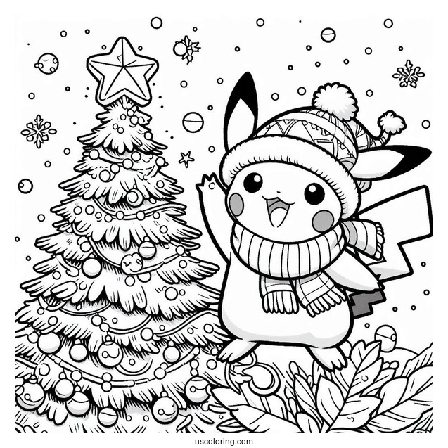 Pokemon Christmas Coloring Page Pikachu Waving From On Top Of A Christmas Tree For Kids