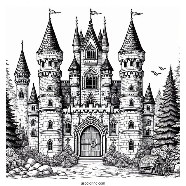 Detailed Medieval Castle Coloring Page In The Forest
