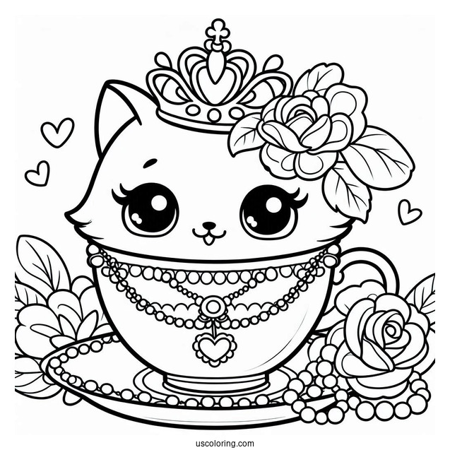Palace Pets Coloring Page Of Teacup With Rose Crown And Necklace