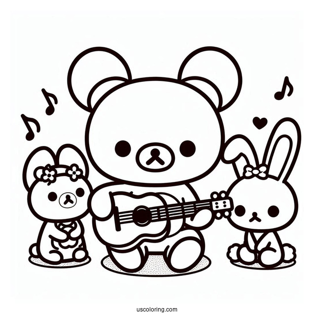 Rilakkuma Coloring Page Playing Guitar While Korilakkuma And Kiiroitori Listen For Kids