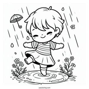 Little Boy Dancing In Spring Coloring Page Rain For Kids