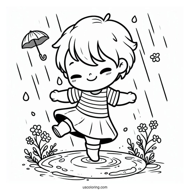 Little Boy Dancing In Spring Coloring Page Rain For Kids