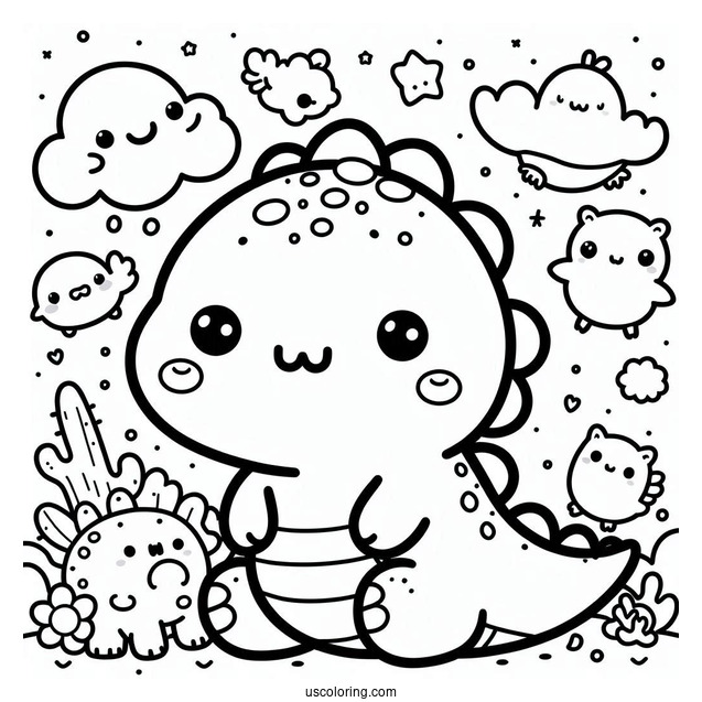 Kawaii Dinosaur With Little Animals On Its Back Coloring Page