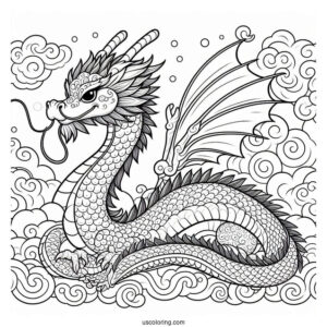 Mushu Dragon With Cloudy Sky Background Coloring Page For Kids