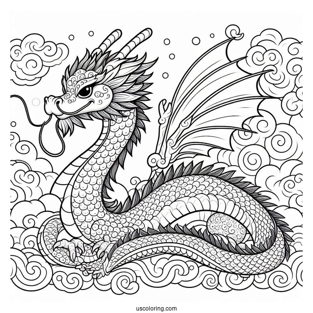 Mushu Dragon With Cloudy Sky Background Coloring Page For Kids