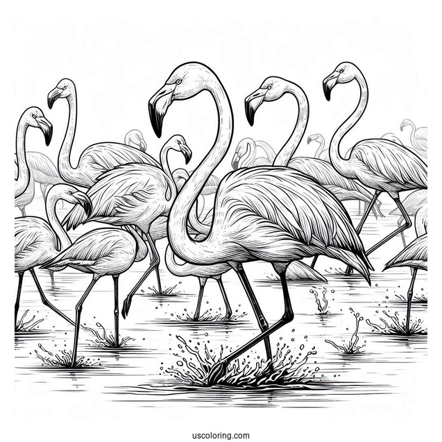 Flock Of Flamingos Walking In Water