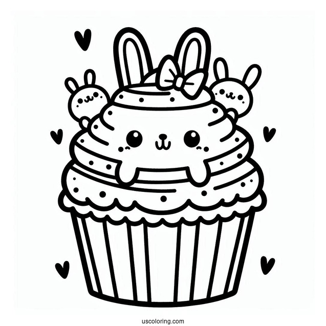Cute Kawaii Cupcake With Bunny To Color