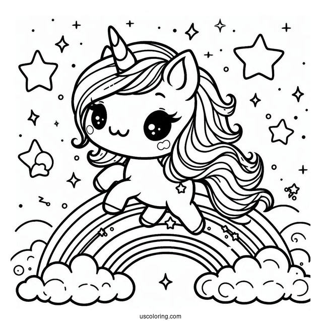 Chibi Coloring Page Unicorn Trotting Across a Rainbow with Sparkling Stars