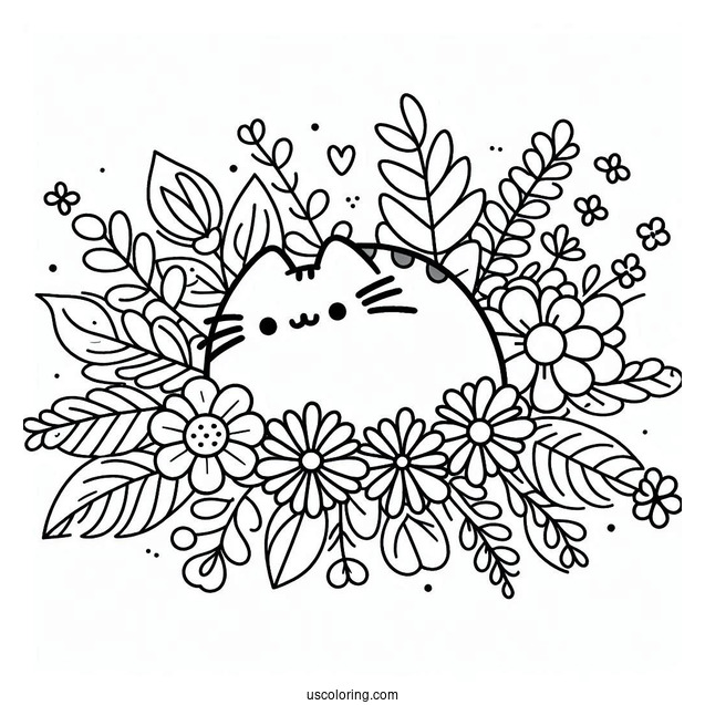Floral Themed Pusheen Coloring Page For Adults