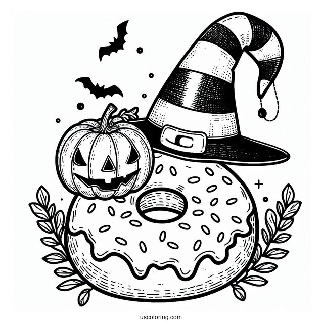 Donut Coloring Page Wearing A Witch's Hat On Halloween