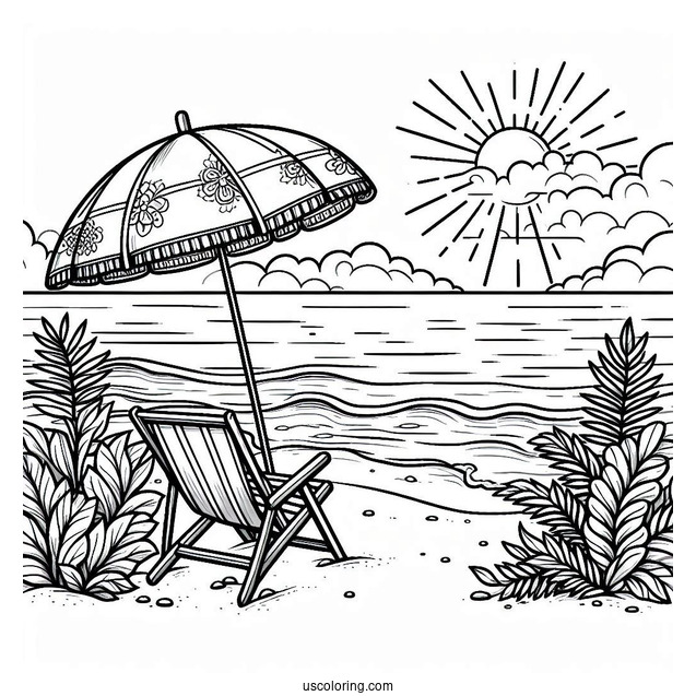 Beach Coloring Page Chair And Umbrella Facing The Sea