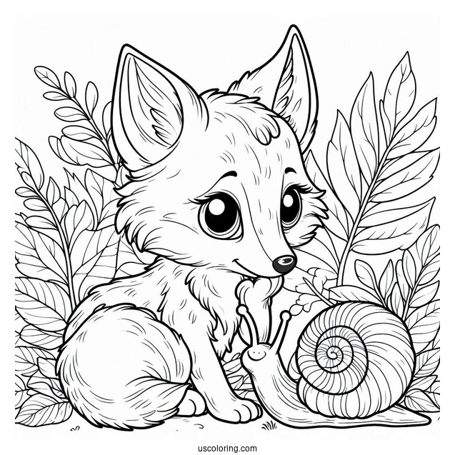 Young Fox Coloring Page Watching A Large Snail On A Leaf