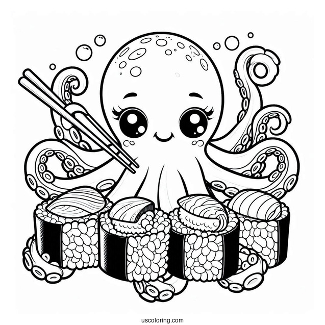 Octopus Eating Sushi Coloring Pages Underwater For Kids
