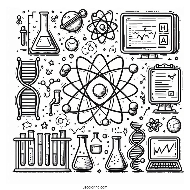 Science Coloring Page Of Full Page Scientific Symbols Atom, Beakers, Test Tubes, Computers, And DNA