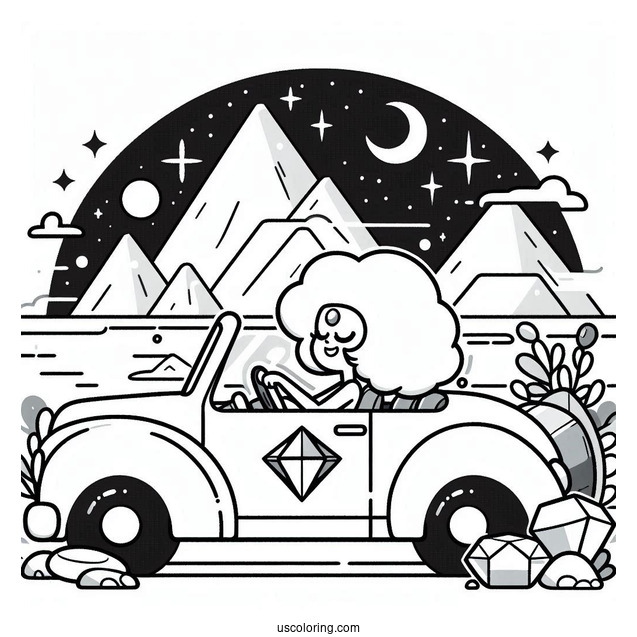 Steven Universe Coloring Page Of Driving Car With Pearl, Amethyst, Bismuth, And Garnet