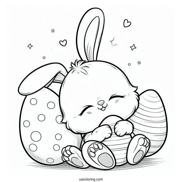 Furry Easter Bunny Coloring Page Hugging Easter Eggs