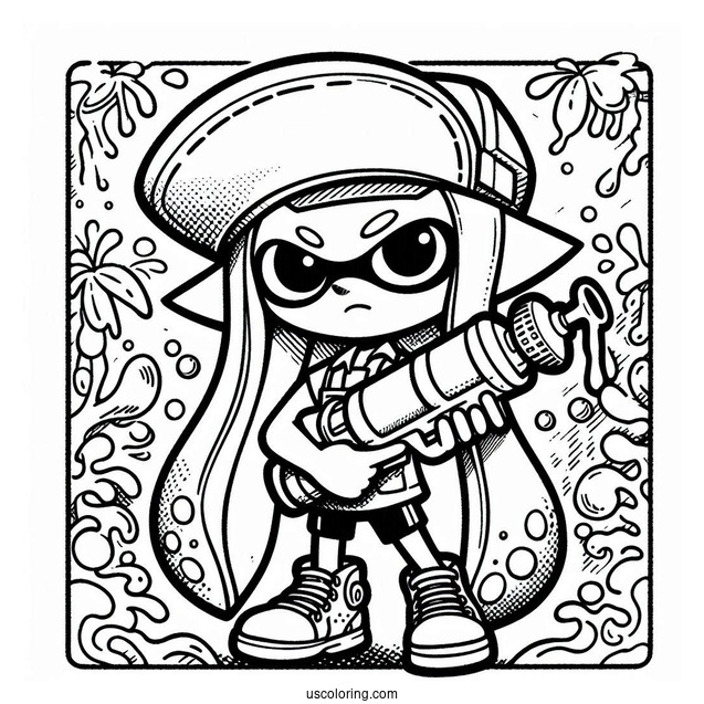 Splatoon Coloring Page Of Blue Inkling Holding Inkjet For Kids