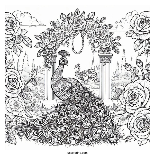 Peacock Coloring Page in Blooming Rose Garden with Architectural Details
