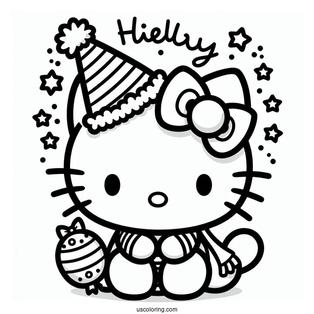Kawaii Hello Kitty With Party Hat On New Year Coloring Page