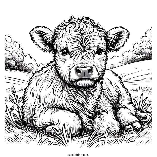 Baby Highland Cow Resting In Field Coloring In