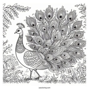 Peacock Coloring Page with Decorative Feathers In Woodland Meadow