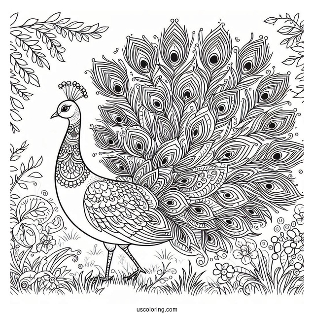 Peacock Coloring Page with Decorative Feathers In Woodland Meadow