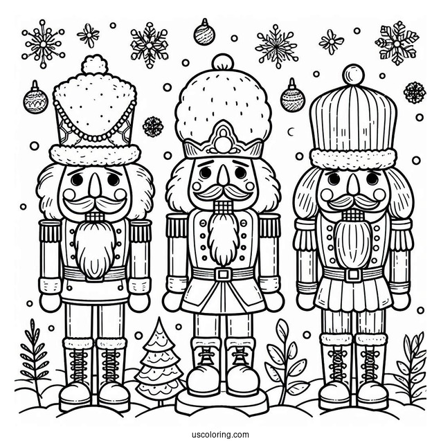 Nutcracker Coloring Page Wearing Different Hats With Snow In The Background
