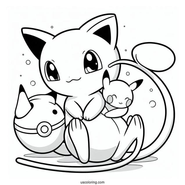 Mew Coloring Page And Pikachu Embracing Pokeball