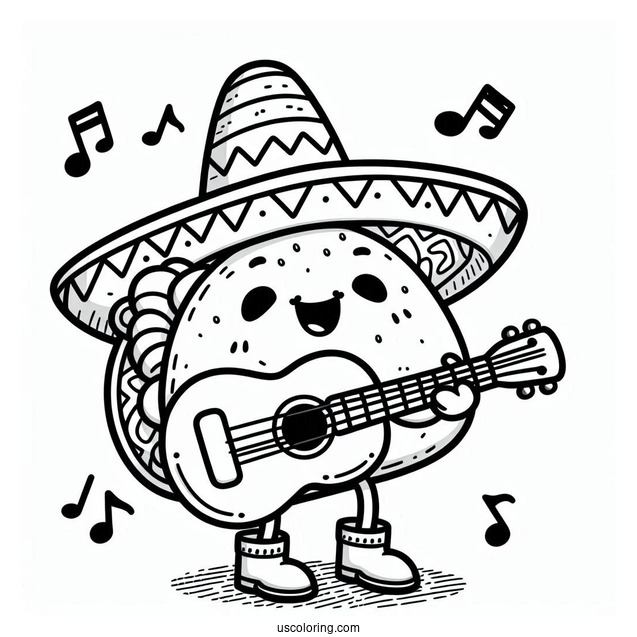 Singing Taco With A Sombrero And A Guitar Coloring Sheet