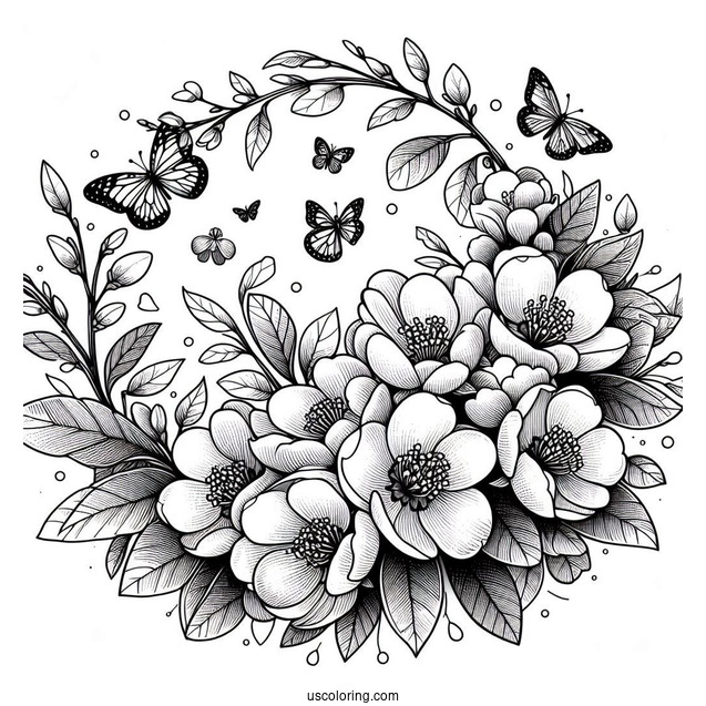 Flower Coloring Pages Of Quince With Butterflies In A Ring