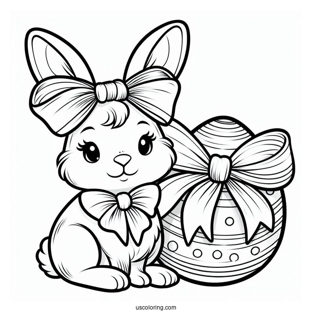 Easter Bunny Coloring Page With Large Bow And Easter Egg