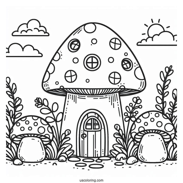 Adorable Mushroom Coloring Page House For Kids