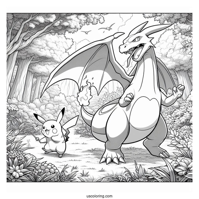 Realistic Charizard With Pikachu In The Forest Coloring Sheet