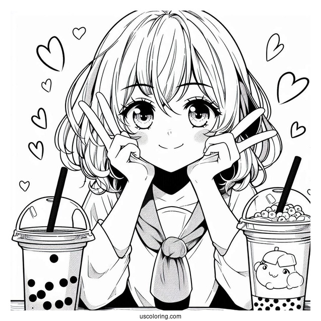 Manga Coloring Page Of Amelia Watson Making Peace Sign While Drinking Boba Tea