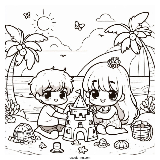 Summer Coloring Page Of Cute Chibi Children Making A Sandcastle For Kids