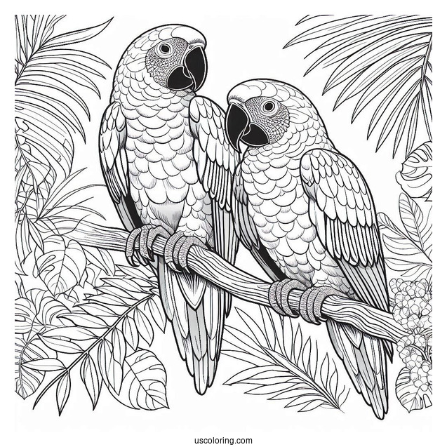 Two Macau Parrots In The Jungle Coloring Page